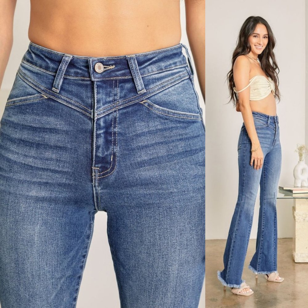 NEW KanCan Ashton Super High Rise Front Yoke Bell Bottom Flare Jeans Medium Wash - Picture 7 of 12